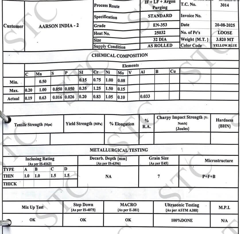 Sample Steel Test Certificate